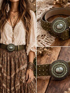 Streets Ahead Studded Leather Belt Statement Buckle Stone Wide Boho Western M